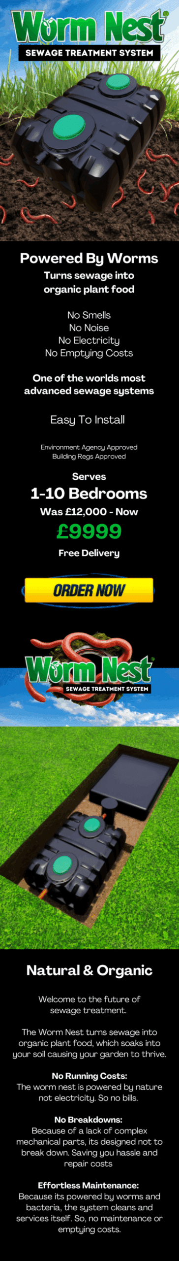 Large Wormnest sewage treatment plant in a backyard, showcasing worm-powered, non-electric technology for sustainable home wastewater treatment.
