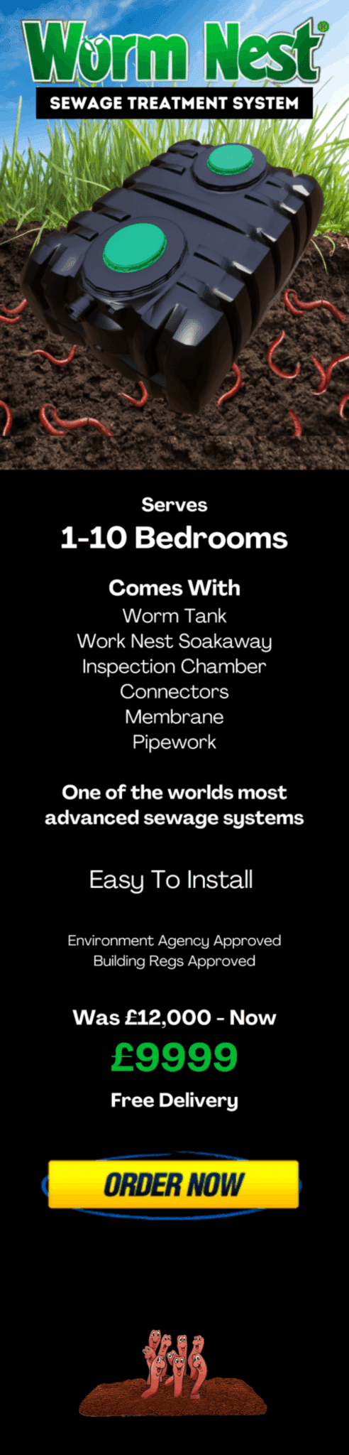 Large Wormnest sewage treatment plant in a green field, powered by worms for eco-friendly wastewater processing, with a compact design for rural homes.